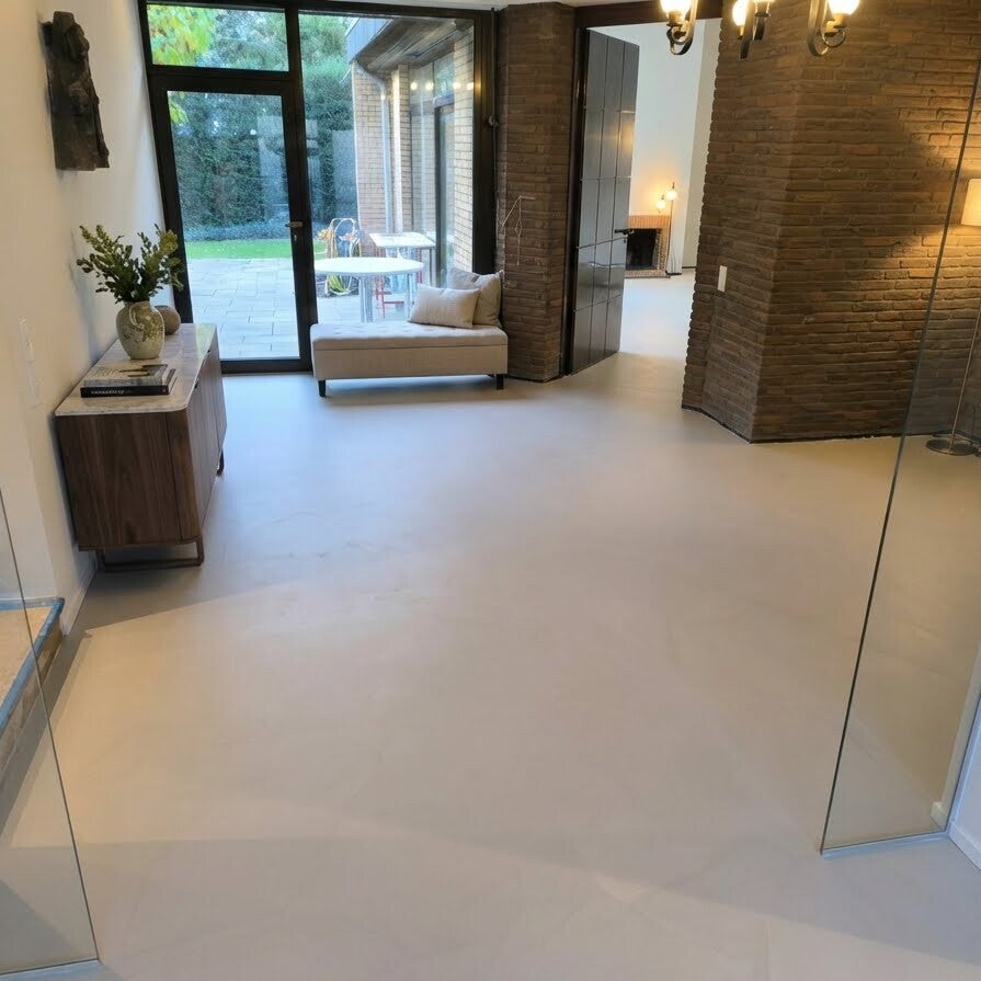 Fugenloser PU-Boden in mineral-beiger Optik in einem Einfamilienhaus